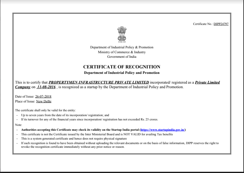 Certificate of Recognition - Startup India certificate